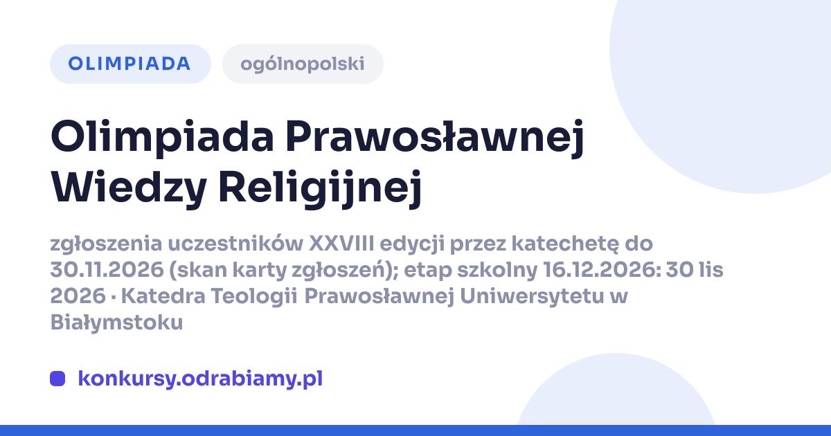 Olimpiada Prawosławnej Wiedzy Religijnej 2026/27 - terminy, etapy, nagrody